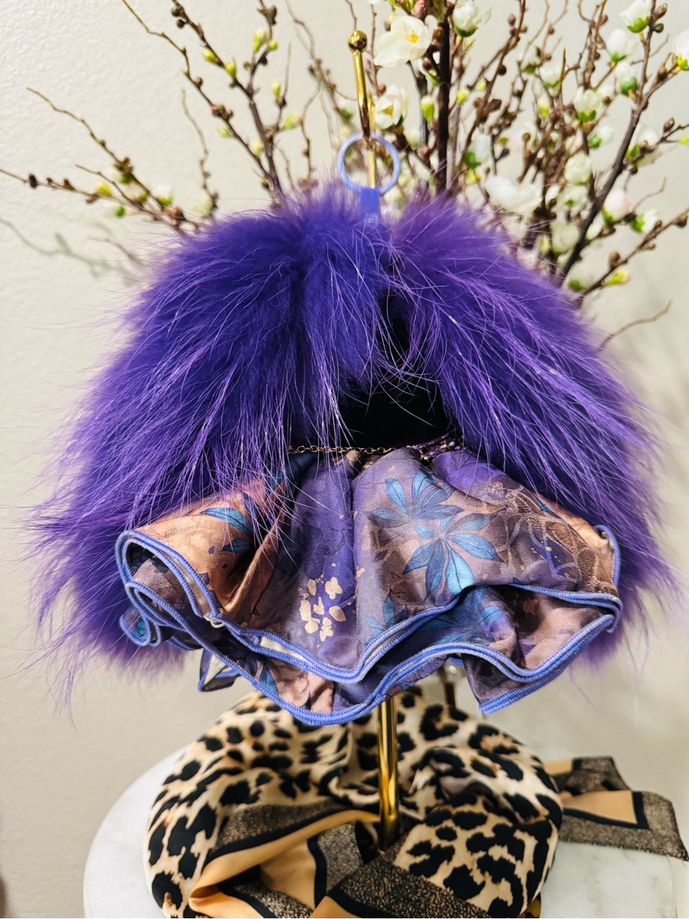 Plush Purple real Fur Skullpanda with Crystal Accessories - Picture 3 of 4
